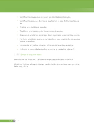 EGB M 34
đ Identificar las causas que provocan las debilidades detectadas.
đ Identificar las acciones de mejora a aplicar en el área de Ciencias Natura-
les.
đ Analizar si es factible de ejecutar.
đ Establecer prioridades en los lineamientos de acción.
đ Disponer de un plan de acciones y de un sistema de seguimiento y control.
đ Mantener un diálogo abierto entre los actores para negociar las estrategias
que se va a aplicar.
đ Incrementar el nivel de eficacia y eficiencia de la gestión a realizar.
đ Motivar a la comunidad educativa a mejorar la calidad de educación.
2.1.10.1 Ejemplo de un plan de mejora
Descripción de la causa: “Deficiencia en procesos de Lectura Crítica”
Objetivo: Motivar a los estudiantes mediante técnicas activas para propiciar
la lectura crítica.
 