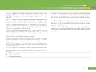 45
CIENCIAS NATURALES
Educación General Básica Media
OG.CN.3.- Integrar los conceptos de las ciencias biológicas, químicas, físicas,
geológicas, astronómicas, para comprender la ciencia, la tecnología, y la socie-
dad, ligadas a la capacidad de inventar, innovar y dar solución a la crisis socio
ambiental.
OG.CN.4.- Reconocer y valorar los aportes de la ciencia para comprender los
espacios básicos de la estructura y el funcionamiento de su cuerpo, con el fin
de aplicar medidas de promoción, protección y prevención de la salud integral.
OG.CN.5.- Resolver problemas de la ciencia mediante el método científico, a
partir de la identificación de problemas, la búsqueda critica de información, la
elaboración de conjetura, el diseño de actividades experimentales, el análisis y la
comunicación de resultados confiables y éticos.
OG.CN.6.- Usar las tecnologías de la información y la comunicación (TIC) como
herramientas para la búsqueda critica de información, el análisis y la comunica-
ción de sus experiencias y conclusiones sobre los fenómenos y hechos.
OG.CN.7.- Utilizar el lenguaje oral y el escrito con propiedad, así como otros siste-
mas de notación y representación, cuando se requiera.
OG.CN.8.- Comunicar información científica, resultados y conclusiones de sus in-
dagaciones a diferentes interlocutores, mediante diversas técnicas y recursos, la
argumentación crítica y reflexiva y la justificación con pruebas y evidencias.
OG.CN.9.- Comprender y valorar los saberes ancestrales y la historia del desarro-
llo científico, tecnológico y cultural, considerando la acción que estas ejercen en
la vida personal y social.
OG.CN.10.- Apreciar la importancia de la formación científica, los valores y actitu-
des propios del pensamiento científico, y adoptar una actitud crítica y fundamen-
tada ante los grandes problemas que hoy plantean las relaciones entre ciencia y
sociedad.
3. Identificar las adaptaciones que sufren las plantas frente a los cambios
ocurridos en los ecosistemas del Ecuador mediante la observación
y descripción de los efectos de impacto ambiental para fomentar
medidas de conservación de protección en favor de los ecosistemas y
sus elementos.
4. Identificar los órganos de los sistemas del cuerpo humano mediante la
descripción de sus funciones y sus posibles afecciones para palear sus
deficiencias con la utilización de la medicina ancestral practica por los
grupos étnicos del Ecuador.
5. Describir características de los compuestos químicos mediante la
observación y la experimentación para comprender la evolución del
conocimiento en esta temática desde las ideas griegas hasta las teorías
modernas.
4. Ejes Transversales:
đ Cuidado del Ambiente
 
