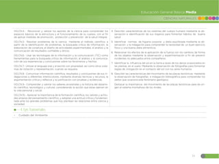 55
CIENCIAS NATURALES
Educación General Básica Media
OG.CN.4.- Reconocer y valorar los aportes de la ciencia para comprender los
espacios básicos de la estructura y el funcionamiento de su cuerpo, con el fin
de aplicar medidas de promoción, protección y prevención de la salud integral.
OG.CN.5.- Resolver problemas de la ciencia mediante el método científico, a
partir de la identificación de problemas, la búsqueda critica de información, la
elaboración de conjetura, el diseño de actividades experimentales, el análisis y la
comunicación de resultados confiables y éticos.
OG.CN.6.- Usar las tecnologías de la información y la comunicación (TIC) como
herramientas para la búsqueda critica de información, el análisis y la comunica-
ción de sus experiencias y conclusiones sobre los fenómenos y hechos.
OG.CN.7.- Utilizar el lenguaje oral y el escrito con propiedad, así como otros siste-
mas de notación y representación, cuando se requiera.
OG.CN.8.- Comunicar información científica, resultados y conclusiones de sus in-
dagaciones a diferentes interlocutores, mediante diversas técnicas y recursos, la
argumentación crítica y reflexiva y la justificación con pruebas y evidencias.
OG.CN.9.- Comprender y valorar los saberes ancestrales y la historia del desarro-
llo científico, tecnológico y cultural, considerando la acción que estas ejercen en
la vida personal y social.
OG.CN.10.- Apreciar la importancia de la formación científica, los valores y actitu-
des propios del pensamiento científico, y adoptar una actitud crítica y fundamen-
tada ante los grandes problemas que hoy plantean las relaciones entre ciencia y
sociedad.
4. Describir características de los sistemas del cuerpo humano mediante la ob-
servación e identificación de sus órganos para fomentar hábitos de buena
salud
5. Identificar normas de higiene corporal y dieta equilibrada mediante la ob-
servación y la indagación para comprender la necesidad de un buen ejercicio
físico y una buena dieta alimenticia.
6. Relacionar los efectos de la aplicación de la fuerza con los cambios de forma
de los objetos mediante la observación y experimentación a fin de prevenir
incidentes no adecuados entre compañeros
7. Identificar la influencia del sol en la tierra a raves de los danos ocasionados en
las plantas, en el suelo. Mediante la observación de fotografías para fomentar
reglas de ,mitigación en el contacto del sol con los seres humanos
8. Describir las características del movimiento de las placas tectónicas mediante
la observación de fotografías e indagación bibliográfica para comprender los
daños que ocasiona este fenómeno geológico.
Destacar la importancia del movimiento de las placas tectónicas para da ori-
gen al sistema montañoso de los Andes.
4. Ejes Transversales:
đ Cuidado del Ambiente
 