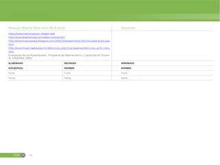 EGB M 64
Bibliografía/ Webgrafía (Utilizar normas APA VI edición) Observaciones
https://www.nextuniversity`ollador-web
http://www.areaciencias.com/webs-ciencias.htm
http://dinamicasojuegos.blogspot.com/2010/07/experimento-sencillo-para-la-escuela.
html
http://aulavirtual.inaeba.edu.mx/ejercicios_practicos/paginas/ejercicios_prim_natu.
html
Evaluación de los Aprendizajes, Programa de Mejoramiento y Capacitación Docen-
te. DINAMEP, 2005
ELABORADO REVISADO APROBADO
DOCENTE(S): NOMBRE: NOMBRE:
Firma: Firma: Firma:
Fecha: Fecha: Fecha:
 