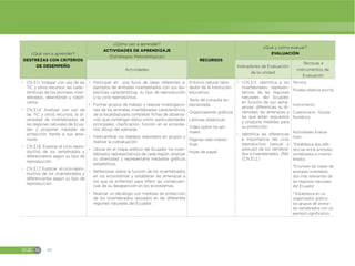EGB M 80
¿Qué van a aprender?
DESTREZAS CON CRITERIOS
DE DESEMPEÑO
¿Cómo van a aprender?
ACTIVIDADES DE APRENDIZAJE
(Estrategias Metodológicas)
RECURSOS
¿Qué y cómo evaluar?
EVALUACIÓN
Actividades
Indicadores de Evaluación
de la unidad
Técnicas e
instrumentos de
Evaluación
đ CN.3.1.1. Indagar, con uso de las
TIC y otros recursos, las carac-
terísticas de los animales inver-
tebrados, describirlas y clasifi-
carlos.
đ CN.3.1.4. Analizar, con uso de
las TIC y otros recursos, la di-
versidad de invertebrados de
las regiones naturales de Ecua-
dor y proponer medidas de
protección frente a sus ame-
nazas.
đ CN.3.1.6. Explicar el ciclo repro-
ductivo de los vertebrados y
diferenciarlos según su tipo de
reproducción.
đ CN.3.1.7. Explicar el ciclo repro-
ductivo de los invertebrados y
diferenciarlos según su tipo de
reproducción.
đ Participar en una lluvia de ideas referentes a:
ejemplos de animales invertebrados con sus res-
pectivas características, su tipo de reproducción
y su ciclo reproductivo.
đ Formar grupos de trabajo y realizar investigacio-
nes de los animales invertebrados característicos
de la localidad para completar fichas de observa-
ción que contengan datos como: particularidades
principales, clasificación, función en el ecosiste-
ma, dibujo del ejemplar.
đ Intercambiar los trabajos realizados en grupos y
realizar la coevaluación.
đ Ubicar en el mapa político del Ecuador los inver-
tebrados representativos de cada región, analizar
su diversidad y representarla mediante gráficos
estadísticos.
đ Reflexionar sobre la función de los invertebrados
en los ecosistemas y establecer las amenazas a
los que se enfrentan para inferir las consecuen-
cias de su desaparición en los ecosistemas.
đ Realizar un decálogo con medidas de protección
de los invertebrados ubicados en las diferentes
regiones naturales del Ecuador.
Entorno natural (alre-
dedor de la Institución
educativa)
Texto de consulta es-
pecializada.
Organizadores gráficos
Láminas didácticas
Video sobre los ani-
males
Páginas web interac-
tivas
Hojas de papel
đ I.CN.3.1.1. Identifica a los
invertebrados represen-
tativos de las regiones
naturales del Ecuador,
en función de sus seme-
janzas diferencias, su di-
versidad, las amenazas a
las que están expuestos
y propone medidas para
su protección.
đ Identifica las diferencias
e importancia del ciclo
reproductivo (sexual y
asexual) de los vertebra-
dos e invertebrados. (Ref.
I.CN.3.1.2.)
Técnica:
Prueba objetiva escrita
Instrumento:
Cuestionario.- Escala
Numérica
Actividades Evalua-
tivas:
*Establezca dos dife-
rencias entre animales
vertebrados e inverte-
brados.
*Enumere las clases de
animales invertebra-
dos más relevantes de
las regiones naturales
del Ecuador.
* Establezca en un
organizador grafico
los grupos de anima-
les vertebrados con un
ejemplo significativo.
 