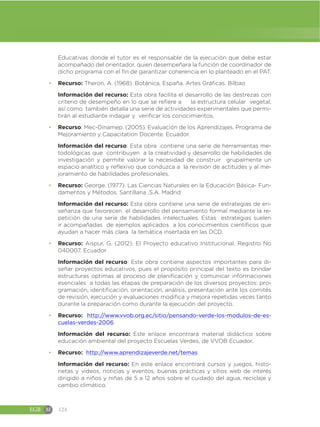 EGB M 124
Educativas donde el tutor es el responsable de la ejecución que debe estar
acompañado del orientador, quien desempeñara la función de coordinador de
dicho programa con el fin de garantizar coherencia en lo planteado en el PAT.
đ Recurso: Theron, A. (1968). Botánica, España. Artes Gráficas. Bilbao
Información del recurso: Esta obra facilita el desarrollo de las destrezas con
criterio de desempeño en lo que se refiere a la estructura celular vegetal,
así como también detalla una serie de actividades experimentales que permi-
tirán al estudiante indagar y verificar los conocimientos.
đ Recurso: Mec-Dinamep. (2005). Evaluación de los Aprendizajes. Programa de
Mejoramiento y Capacitation Docente. Ecuador.
Información del recurso: Esta obra contiene una serie de herramientas me-
todológicas que contribuyen a la creatividad y desarrollo de habilidades de
investigación y permite valorar la necesidad de construir grupalmente un
espacio analítico y reflexivo que conduzca a la revisión de actitudes y al me-
joramiento de habilidades profesionales.
đ Recurso: George. (1977). Las Ciencias Naturales en la Educación Básica- Fun-
damentos y Métodos. Santillana ,S.A. Madrid
Información del recurso: Esta obra contiene una serie de estrategias de en-
señanza que favorecen el desarrollo del pensamiento formal mediante la re-
petición de una serie de habilidades intelectuales. Estas estrategias suelen
ir acompañadas de ejemplos aplicados a los conocimientos científicos que
ayudan a hacer más clara la temática insertada en las DCD.
đ Recurso: Aispur, G. (2012). El Proyecto educativo Institucional. Registro No
040007. Ecuador
Información del recurso: Este obra contiene aspectos importantes para di-
señar proyectos educativos, pues el propósito principal del texto es brindar
estructuras optimas al proceso de planificación y comunicar informaciones
esenciales a todas las etapas de preparación de los diversos proyectos: pro-
gramación, identificación, orientación, análisis, presentación ante los comités
de revisión, ejecución y evaluaciones modifica y mejora repetidas veces tanto
durante la preparación como durante la ejecución del proyecto.
đ Recurso: http://www.vvob.org.ec/sitio/pensando-verde-los-modulos-de-es-
cuelas-verdes-2006
Información del recurso: Este enlace encontrará material didáctico sobre
educación ambiental del proyecto Escuelas Verdes, de VVOB Ecuador.
đ Recurso: http://www.aprendizajeverde.net/temas
Información del recurso: En este enlace encontrará cursos y juegos, histo-
rietas y videos, noticias y eventos, buenas prácticas y sitios web de interés
dirigido a niños y niñas de 5 a 12 años sobre el cuidado del agua, reciclaje y
cambio climático.
 