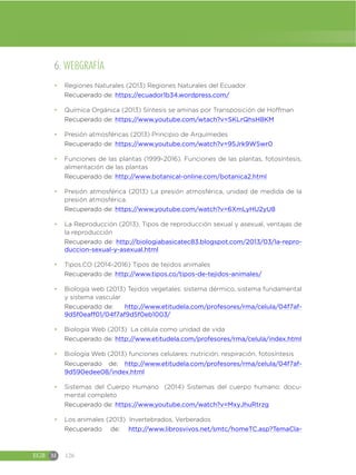 EGB M 126
6. WEBGRAFÍA
đ Regiones Naturales (2013) Regiones Naturales del Ecuador
Recuperado de: https://ecuador1b34.wordpress.com/
đ Química Orgánica (2013) Síntesis se aminas por Transposición de Hoffman
Recuperado de: https://www.youtube.com/wtach?v=SKLrQhsH8KM
đ Presión atmosféricas (2013) Principio de Arquímedes
Recuperado de: https://www.youtube.com/watch?v=95Jrk9W5wr0
đ Funciones de las plantas (1999-2016). Funciones de las plantas, fotosíntesis,
alimentación de las plantas
Recuperado de: http://www.botanical-online.com/botanica2.html
đ Presión atmosférica (2013) La presión atmosférica, unidad de medida de la
presión atmosférica.
Recuperado de: https://www.youtube.com/watch?v=6XmLyHU2yU8
đ La Reproducción (2013). Tipos de reproducción sexual y asexual, ventajas de
la reproducción
Recuperado de: http://biologiabasicatec83.blogspot.com/2013/03/la-repro-
duccion-sexual-y-asexual.html
đ Tipos.CO (2014-2016) Tipos de tejidos animales
Recuperado de: http://www.tipos.co/tipos-de-tejidos-animales/
đ Biología web (2013) Tejidos vegetales: sistema dérmico, sistema fundamental
y sistema vascular
Recuperado de: http://www.etitudela.com/profesores/rma/celula/04f7af-
9d5f0eaff01/04f7af9d5f0eb1003/
đ Biología Web (2013) La célula como unidad de vida
Recuperado de: http://www.etitudela.com/profesores/rma/celula/index.html
đ Biología Web (2013) funciones celulares: nutrición, respiración, fotosíntesis
Recuperado de: http://www.etitudela.com/profesores/rma/celula/04f7af-
9d590edee08/index.html
đ Sistemas del Cuerpo Humano (2014) Sistemas del cuerpo humano: docu-
mental completo
Recuperado de: https://www.youtube.com/watch?v=MxyJhuRtrzg
đ Los animales (2013) Invertebrados, Verberados
Recuperado de: http://www.librosvivos.net/smtc/homeTC.asp?TemaCla-
 