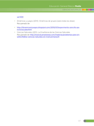 127
CIENCIAS NATURALES
Educación General Básica Media
ve=1013
đ Dinámicas y juegos (2013) Dinámicas de grupos (para todas las áreas)
Recuperado de:
đ http://dinamicasojuegos.blogspot.com/2010/07/experimento-sencillo-pa-
ra-la-escuela.html
đ Ciencias Naturales (2011). La Enseñanza de las Ciencias Naturales
Recuperado de: http://www.buenastareas.com/materias/problemas-para-en-
se%C3%B1ar-ciencias-naturales-en-nivel-primaria/0
 