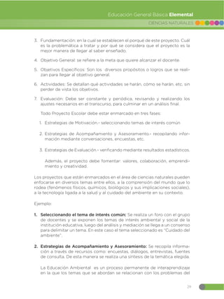 29
CIENCIAS NATURALES
Educación General Básica Elemental
3. Fundamentación: en la cual se establecen el porqué de este proyecto. Cuál
es la problemática a tratar y por qué se considera que el proyecto es la
mejor manera de llegar al saber enseñado.
4. Objetivo General: se refiere a la meta que quiere alcanzar el docente.
5. Objetivos Específicos: Son los diversos propósitos o logros que se reali-
zan para llegar al objetivo general.
6. Actividades: Se detallan qué actividades se harán, cómo se harán, etc, sin
perder de vista los objetivos.
7. Evaluación: Debe ser constante y periódica, revisando y realizando los
ajustes necesarios en el transcurso, para culminar en un análisis final.
Todo Proyecto Escolar debe estar enmarcado en tres fases:
1. Estrategias de Motivación.- seleccionando temas de interés común
2. Estrategias de Acompañamiento y Asesoramiento.- recopilando infor-
mación mediante conversaciones, encuestas, etc.
3. Estrategias de Evaluación.- verificando mediante resultados estadísticos.
Además, el proyecto debe fomentar: valores, colaboración, emprendi-
miento y creatividad.
Los proyectos que están enmarcados en el área de ciencias naturales pueden
enfocarse en diversos temas entre ellos, a la comprensión del mundo que lo
rodea (fenómenos físicos, químicos, biológicos y sus implicaciones sociales),
a la tecnología ligada a la salud y al cuidado del ambiente en su contexto.
Ejemplo:
1. Seleccionando el tema de interés común: Se realiza un foro con el grupo
de docentes y se exponen los temas de interés ambiental y social de la
institución educativa, luego del análisis y mediación se llega a un consenso
para delimitar un tema. En este caso el tema seleccionado es “Cuidado del
ambiente”.
2. Estrategias de Acompañamiento y Asesoramiento: Se recopila informa-
ción a través de recursos como: encuestas, diálogos, entrevistas, fuentes
de consulta. De esta manera se realiza una síntesis de la temática elegida.
La Educación Ambiental es un proceso permanente de interaprendizaje
en la que los temas que se abordan se relacionan con los problemas del
 