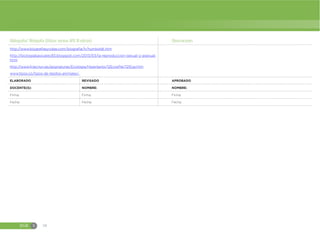 EGB S 58
Bibliografía/ Webgrafía (Utilizar normas APA VI edición) Observaciones
http://www.biografiasyvidas.com/biografia/h/humboldt.htm
http://biologiabasicatec83.blogspot.com/2013/03/la-reproduccion-sexual-y-asexual.
html
http://www4.tecnun.es/asignaturas/Ecologia/Hipertexto/12EcosPel/121Esp.htm
www.tipos.co/tipos-de-tejidos-animales/.
ELABORADO REVISADO APROBADO
DOCENTE(S): NOMBRE: NOMBRE:
Firma: Firma: Firma:
Fecha: Fecha: Fecha:
 