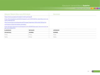 69
CIENCIAS NATURALES
Educación General Básica Superior
Bibliografía/ Webgrafía (Utilizar normas APA VI edición) Observaciones
https://www.youtube.com/watch?v=6XmLyHU2yU8
http://biologiabasicatec83.blogspot.com/2013/03/la-reproduccion-se-
xual-y-asexual.html
http://www4.tecnun.es/asignaturas/Ecologia/Hipertexto/12EcosPel/121Esp.htm
www.tipos.co/tipos-de-tejidos-animales/.
http://grupos-taxonomicos.blogspot.com/2009/05/grupos-taxonomicos-se-
gun-sus-celulas.html
ELABORADO REVISADO APROBADO
DOCENTE(S): NOMBRE: NOMBRE:
Firma: Firma: Firma:
Fecha: Fecha: Fecha:
 