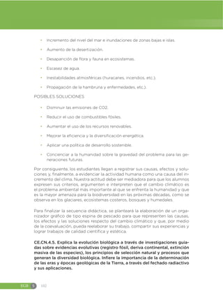 EGB S 102
đ Incremento del nivel del mar e inundaciones de zonas bajas e islas.
đ Aumento de la desertización.
đ Desaparición de flora y fauna en ecosistemas.
đ Escasez de agua.
đ Inestabilidades atmosféricas (huracanes, incendios, etc.).
đ Propagación de la hambruna y enfermedades, etc.).
POSIBLES SOLUCIONES
đ Disminuir las emisiones de CO2.
đ Reducir el uso de combustibles fósiles.
đ Aumentar el uso de los recursos renovables.
đ Mejorar la eficiencia y la diversificación energética.
đ Aplicar una política de desarrollo sostenible.
đ Concienciar a la humanidad sobre la gravedad del problema para las ge-
neraciones futuras.
Por consiguiente, los estudiantes llegan a registrar sus causas, efectos y solu-
ciones y, finalmente, a evidenciar la actividad humana como una causa del in-
cremento del clima. Nuestra actitud debe ser mediadora para que los alumnos
expresen sus criterios, argumenten e interpreten que el cambio climático es
el problema ambiental más importante al que se enfrenta la humanidad y que
es la mayor amenaza para la biodiversidad en las próximas décadas, como se
observa en los glaciares, ecosistemas costeros, bosques y humedales.
Para finalizar la secuencia didáctica, se planteará la elaboración de un orga-
nizador gráfico de tipo espina de pescado para que representen las causas,
los efectos y las soluciones respecto del cambio climático y que, por medio
de la coevaluación, pueda reelaborar su trabajo, compartir sus experiencias y
lograr trabajos de calidad científica y estética.
CE.CN.4.5. Explica la evolución biológica a través de investigaciones guia-
das sobre evidencias evolutivas (registro fósil, deriva continental, extinción
masiva de las especies), los principios de selección natural y procesos que
generan la diversidad biológica. Infiere la importancia de la determinación
de las eras y épocas geológicas de la Tierra, a través del fechado radiactivo
y sus aplicaciones.
 