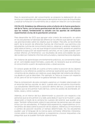 EGB S 112
Para la reconstrucción del conocimiento se propone la elaboración de una
lancha con materiales del medio para la demostrar el principio de Arquímedes
y explicar la flotación o hundimiento de un objeto en relación con la densidad.
CE.CN.4.10. Establece las diferencias entre el efecto de la fuerza gravitacio-
nal de la Tierra, con la fuerza gravitacional del Sol en relación a los objetos
que los rodean, fortaleciendo su estudio con los aportes de verificación
experimental a la ley de la gravitación universal.
Para desarrollar las DCD que agrupan este criterio de evaluación, se valora
en los estudiantes la habilidad de diferenciar los efectos que ejercen las fuer-
zas gravitacionales sobre los objetos que le rodean. Para ello, se recomienda
partir de la revisión de diferentes fuentes de información, que permita a los
estudiantes nutrirse de conocimiento teórico, observar y analizar material di-
gital sobre el tema, y una vez que tenga el conocimiento, ponerlo en práctica
mediante la ejecución de experimentos sencillos, en los cuales puedan com-
probar efectos y/o fenómenos. Los resultados de estas actividades las pue-
den evidenciar mediante informes estructurados y representaciones digitales.
Por tratarse de aprendizajes eminentemente prácticos, es conveniente traba-
jar en actividades experimentales, y para ello es necesario que se construya
el conocimiento a partir de exploraciones u observaciones.
En octavo grado de EGB, en cuanto al tema sobre la posición de los objetos
respecto a una referencia, podemos comenzar explicando que todos los mo-
vimientos de los objetos son relativos, pues dependen del sistema de referen-
cia desde el cual se describen. Por ejemplo, la Tierra se mueve con respecto
al Sol, pero el Sol se mueve en la galaxia llamada Vía Láctea.
Para la comprensión de este concepto usaremos un modelo relacionado con
el recorrido del bus escolar, es decir, cuando este se encuentra movimiento.
Los estudiantes identificarán su posición dentro del bus y la posición de los
objetos que se encuentran fuera del bus, como los postes de alumbrado, ár-
boles, casas y otros cuerpos.
Además, en el interior del bus determinarán su posición con respecto a las
personas que se encuentran a su lado, para deducir que no se mueven. Luego,
observarán a través de la ventana los cuerpos del exterior que quedan a su
paso. También reflexionarán sobre lo que piensan las personas que ven pasar
el bus con los estudiantes. Al finalizar esta experiencia, organizaremos un in-
tercambio de ideas sobre la posición de los objetos, referencia, el movimiento
o cambio de posición durante un tiempo determinado. Así, los estudiantes
pueden usar el lenguaje de la ciencia para contrastar diferentes interpreta-
ciones sobre lo observado, explicar su experiencia y buscar respuestas a las
preguntas que se pueden formular sobre el tema.
 