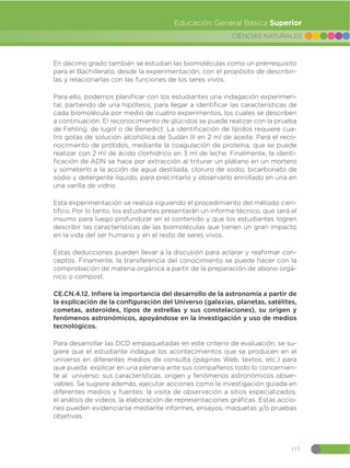 115
CIENCIAS NATURALES
Educación General Básica Superior
En décimo grado también se estudian las biomoléculas como un prerrequisito
para el Bachillerato, desde la experimentación, con el propósito de describir-
las y relacionarlas con las funciones de los seres vivos.
Para ello, podemos planificar con los estudiantes una indagación experimen-
tal, partiendo de una hipótesis, para llegar a identificar las características de
cada biomolécula por medio de cuatro experimentos, los cuales se describen
a continuación. El reconocimiento de glúcidos se puede realizar con la prueba
de Fehling, de lugol o de Benedict. La identificación de lípidos requiere cua-
tro gotas de solución alcohólica de Sudán III en 2 ml de aceite. Para el reco-
nocimiento de prótidos, mediante la coagulación de proteína, que se puede
realizar con 2 ml de ácido clorhídrico en 3 ml de leche. Finalmente, la identi-
ficación de ADN se hace por extracción al triturar un plátano en un mortero
y someterlo a la acción de agua destilada, cloruro de sodio, bicarbonato de
sodio y detergente líquido, para precintarlo y observarlo enrollado en una en
una varilla de vidrio.
Esta experimentación se realiza siguiendo el procedimiento del método cien-
tífico. Por lo tanto, los estudiantes presentarán un informe técnico, que será el
insumo para luego profundizar en el contenido y que los estudiantes logren
describir las características de las biomoléculas que tienen un gran impacto
en la vida del ser humano y en el resto de seres vivos.
Estas deducciones pueden llevar a la discusión para aclarar y reafirmar con-
ceptos. Finamente, la transferencia del conocimiento se puede hacer con la
comprobación de materia orgánica a partir de la preparación de abono orgá-
nico o compost.
CE.CN.4.12. Infiere la importancia del desarrollo de la astronomía a partir de
la explicación de la configuración del Universo (galaxias, planetas, satélites,
cometas, asteroides, tipos de estrellas y sus constelaciones), su origen y
fenómenos astronómicos, apoyándose en la investigación y uso de medios
tecnológicos.
Para desarrollar las DCD empaquetadas en este criterio de evaluación, se su-
giere que el estudiante indague los acontecimientos que se producen en el
universo en diferentes medios de consulta (páginas Web, textos, etc.) para
que pueda explicar en una plenaria ante sus compañeros todo lo concernien-
te al universo: sus características, origen y fenómenos astronómicos obser-
vables. Se sugiere además, ejecutar acciones como la investigación guiada en
diferentes medios y fuentes: la visita de observación a sitios especializados,
el análisis de videos, la elaboración de representaciones gráficas. Estas accio-
nes pueden evidenciarse mediante informes, ensayos, maquetas y/o pruebas
objetivas.
 