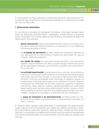 123
CIENCIAS NATURALES
Educación General Básica Superior
A continuación se hace referencia a diferentes técnicas, herramientas e ins-
trumentos que se aplican en el proceso de enseñanza y evaluación en el área
de Ciencias Naturales.
1. Observación sistemática
Es una técnica utilizada en evaluación formativa. Sirve para recoger datos
útiles de diferentes procedimientos, habilidades, conocimientos y, especial-
mente, actitudes. Por lo tanto, debe ser planificada y concretarse al objeto de
observación. Por ejemplo:
đ Buscar información sobre un tema determinado: observar si se toma la in-
formación literalmente de las fuentes o si se contrastan o no con diferentes
informaciones sobre un tema.
đ En el trabajo de laboratorio se debe observar la selección materiales, el
uso adecuado de los instrumentos, el grado de rigurosidad con que los
manejan, entre otros aspectos.
đ Las salidas de campo son esenciales porque permiten a los estudiantes
explorar nuevos ambientes. En ellas se puede recoger información acerca
de las habilidades científicas, conocimientos, competencias, procedimien-
tos y actitude