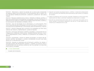 EGB E 54
OG.CN.4.- Reconocer y valorar los aportes de la ciencia para comprender
los espacios básicos de la estructura y el funcionamiento de su cuerpo, con
el fin de aplicar medidas de promoción, protección y prevención de la salud
integral.
OG.CN.5.- Resolver problemas de la ciencia mediante el método científico, a
partir de la identificación de problemas, la búsqueda critica de información, la
elaboración de conjetura, el diseño de actividades experimentales, el análisis y
la comunicación de resultados confiables y éticos.
OG.CN.6.- Usar las tecnologías de la información y la comunicación (TIC)
como herramientas para la búsqueda critica de información, el análisis y la co-
municación de sus experiencias y conclusiones sobre los fenómenos y hechos.
OG.CN.7.- Utilizar el lenguaje oral y el escrito con propiedad, así como otros
sistemas de notación y representación, cuando se requiera.
OG.CN.8.- Comunicar información científica, resultados y conclusiones de sus
indagaciones a diferentes interlocutores, mediante diversas técnicas y recur-
sos, la argumentación crítica y reflexiva y la justificación con pruebas y evi-
dencias.
OG.CN.9.- Comprender y valorar los saberes ancestrales y la historia del de-
sarrollo científico, tecnológico y cultural, considerando la acción que estas
ejercen en la vida personal y social.
OG.CN.10.- Apreciar la importancia de la formación científica, los valores y
actitudes propios del pensamiento científico, y adoptar una actitud crítica y
fundamentada ante los grandes problemas que hoy plantean las relaciones
entre ciencia y sociedad.
5. Describir las fuentes de energía natural y artificial a través de la observación
del funcionamiento de diferentes electrodomésticos para valorar su utilidad al
ser humano.
6. Valorar la presencia de los recursos naturales mediante la lectura del texto,
observación de videos y promover medidas de conservación y cuidado.
7. Describir las características de la tierra, del sol, y de la luna, de acuerdo con su
forma, tamaño y movimiento mediante el uso de las TIC para determinar su
influencia en el desarrollo de la vida.
4. Ejes Transversales:
đ Cuidado del Ambiente
 