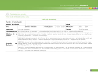 77
CIENCIAS NATURALES
Educación General Básica Elemental
2.3.2 Planificación micro curricular
Tercer Grado de Educación General Básica
Planificación Microcurricular
Nombre de la institución
Nombre del Docente Fecha
Área Ciencias Naturales Grado/Curso Tercer Grado Año lectivo 2016 - 2017
Asignatura Ciencias Naturales Tiempo Ocho Periodos
Unidad didáctica El ciclo de vida de los animales y su posible modificación de su estructura ante los cambios de sus hábitats.
Objetivo de la
unidad
Identificar las características de los animales mediante la observación directa de ejemplares del entorno y clasificar en
animales vertebrados y animales invertebrados.
Criterios de
Evaluación
CE.CN.2.1. Analiza la importancia del ciclo vital de los seres vivos (humanos, animales y plantas) a partir de la observación y/o
experimentación de sus cambios y etapas, destacando la importancia de la polinización y dispersión de las semillas.
CE.CN.2.2. Aprecia la diversidad de plantas y animales, en función de la comprensión de sus características, funciones, impor-
tancia, relación con el hábitat en donde se desarrollan, identificación de las contribuciones de la flora ecuatoriana al avance
científico y utilidad para el ser humano.
CE.CN.2.3. Propone medidas de protección y cuidado hacia los hábitat locales y de las regiones naturales del Ecuador, desde
la comprensión de las características, la diversidad de vertebrados y plantas con semilla, las reacciones de los seres vivos a los
cambios y amenazas a las que están expuestos.
 