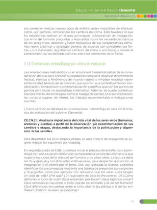91
CIENCIAS NATURALES
Educación General Básica Elemental
sos, permiten realizar nuevos tipos de análisis, antes imposibles de efectuar,
como, por ejemplo, comprender los cambios del clima. Esto favorece el que
los estudiantes realicen en el aula actividades colaborativas de indagación,
con el fin de formular preguntas y respuestas sobre las necesidades básicas
de los seres vivos; observar y hacer bosquejos de sus características comu-
nes; reunir, clasificar y catalogar objetos, de acuerdo con características físi-
cas y sus materiales; registrar los cambios del clima, o reconocer y valorar la
comprensión de las distintas culturas sobre los elementos de la Tierra.
3.1.6 Orientaciones metodológicas por criterio de evaluación
Las orientaciones metodológicas en el subnivel Elemental parten de la consi-
deración de que para conocer la realidad es necesario observar directamente
hechos, eventos o fenómenos del mundo natural o emplear modelos repre-
sentacionales básicos de las ciencias, que aportan a la contextualización, sen-
sibilización, comprensión y problematización científica, que son los puntos de
partida para iniciar un aprendizaje sistemático. Además, se puede contextua-
lizar por medio de estrategias como el trabajo de campo, la experimentación,
las visitas a lugares de interés, los trabajos experimentales e indagaciones
sencillas.
En esta sección se detallará las orientaciones metodológicas para los 11 crite-
rios de evaluación del subnivel Elemental.
CE.CN.2.1. Analiza la importancia del ciclo vital de los seres vivos (humanos,
animales y plantas) a partir de la observación y/o experimentación de sus
cambios y etapas, destacando la importancia de la polinización y disper-
sión de las semillas.
Para desarrollar las DCD empaquetadas en este criterio de evaluación se su-
giere realizar las siguientes actividades:
En segundo grado de EGB, podemos iniciar el proceso de enseñanza y apren-
dizaje con una situación comunicativa mediante la lectura de una historia que
muestre los ciclos de la vida del ser humano y de otros seres. La lectura debe
ser muy gestual y con diferentes entonaciones, para despertar la atención, la
imaginación y el interés por el tema. Una vez realizada la lectura, podemos
identificar los preconceptos mediante una batería de preguntas convergentes
y divergentes, como por ejemplo: ¿Es necesario que los seres vivos tengan
un ciclo de vida? ¿Por qué? ¿En qué parte de ciclo te encuentras tú? ¿Cómo
definirías el ciclo de vida? ¿Qué entienden por nacer? ¿Qué significa crecer?
¿Qué semejanzas hay entre el ciclo vital de los animales y el del ser humano?
¿Qué diferencias encuentras entre el ciclo vital de las plantas y el de los ani-
males? ¿Cuándo mueren las personas?
 
