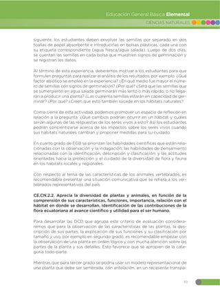 93
CIENCIAS NATURALES
Educación General Básica Elemental
siguiente, los estudiantes deben envolver las semillas por separado en dos
toallas de papel absorbente e introducirlas en bolsas plásticas, cada una con
su etiqueta correspondiente (agua fresca/agua salada). Luego de dos días,
se cuentan las semillas en cada bolsa que muestren signos de germinación y
se registran los datos.
Al término de esta experiencia, deberemos motivar a los estudiantes para que
formulen preguntas para realizar el análisis de los resultados, por ejemplo: ¿Qué
factor abiótico se empleó en la experiencia? ¿En qué medio fue mayor el núme-
ro de semillas con signos de germinación? ¿Por qué? ¿Será que las semillas que
se sumergieron en agua salada germinarán más lento o más rápido, o no llega-
rán a producir una planta? ¿Las cuarenta semillas estarán en capacidad de ger-
minar? ¿Por qué? ¿Creen que esto también sucede en los hábitats naturales?
Como cierre de esta actividad, podemos promover un espacio de reflexión en
relación a la pregunta: ¿Qué cambios podrían ocurrir en un hábitat y cuáles
serían algunas de las respuestas de los seres vivos a esto? Así los estudiantes
podrán concientizarse acerca de los impactos sobre los seres vivos cuando
sus hábitats naturales cambian y proponer medidas para su cuidado.
En cuarto grado de EGB se priorizan las habilidades científicas que están rela-
cionadas con la observación y la indagación; las habilidades de pensamiento
relacionadas con la identificación, descripción y clasificación; y las actitudes
orientadas hacia la protección y el cuidado de la diversidad de flora y fauna
en los hábitats locales y regionales.
Con respecto al tema de las características de los animales vertebrados, es
recomendable presentar una situación comunicativa que se refiera a los ver-
tebrados representativos del país.
CE.CN.2.2. Aprecia la diversidad de plantas y animales, en función de la
comprensión de sus características, funciones, importancia, relación con el
hábitat en donde se desarrollan, identificación de las contribuciones de la
flora ecuatoriana al avance científico y utilidad para el ser humano.
Para desarrollar las DCD que agrupa este criterio de evaluación considera-
remos que para la observación de las características de las plantas, la des-
cripción de sus partes, la explicación de sus funciones y su clasificación por
tamaño y uso, por ejemplo en segundo grado, es recomendable empezar con
la observación de una planta en orden lógico y con mucha atención sobre las
partes de la planta y sus detalles. Esto favorece que se apropien de la cate-
goría todo-parte.
Mientras que para tercer grado se podría usar un modelo representacional de
una planta que debe ser sembrada, con antelación, en un recipiente transpa-
 