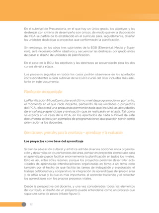 12
En el subnivel de Preparatoria, en el que hay un único grado, los objetivos y las
destrezas con criterio de desempeño son únicos, de modo que en la elaboración
del PCA se partirá de lo establecido en el currículo para, seguidamente, diseñar
las unidades didácticas o proyectos que conformarán la planificación.
Sin embargo, en los otros tres subniveles de la EGB (Elemental, Medio y Supe-
rior), será necesario definir objetivos y secuenciar las destrezas por grado antes
de pasar el diseño de unidades de planificación.
En el caso de la BGU, los objetivos y las destrezas se secuenciarán para los dos
cursos de esta etapa.
Los procesos seguidos en todos los casos podrán observarse en los apartados
correspondientes a cada subnivel de la EGB o curso del BGU incluidos más ade-
lante en este documento.
Planificación microcurricular
La Planificación MicroCurricular es el último nivel de programación y, por tanto,
el momento en el que cada docente, partiendo de las unidades o proyectos
del PCA, elaborará una propuesta pormenorizada que incluirá las actividades
de enseñanza-aprendizaje y evaluación que se realizarán en el aula. Tal como
se explicó en el caso de la PCA, en los apartados de cada subnivel de este
documento se incluyen ejemplos de programaciones que pueden servir como
orientación a los docentes.
Orientaciones generales para la enseñanza – aprendizaje y la evaluación
Los proyectos como base del aprendizaje
Si bien la educación cultural y artística admite diversas opciones en la organiza-
ción y desarrollo de los contenidos del área, pensar en proyectos como base para
el aprendizaje puede facilitar enormemente la planificación en todos los niveles.
Esto es así, entre otras razones, porque los proyectos permiten desarrollar acti-
vidades de aprendizaje interdisciplinares organizadas en torno a un tema, pero
también por el hecho de que facilita las tareas de indagación y exploración, el
trabajo colaborativo y cooperativo, la integración de aprendizajes del propio área
y de otras áreas y, lo que es más importante, el aprender haciendo y el conectar
los aprendizajes con los propios procesos vitales.
Desde la perspectiva del docente, y una vez considerados todos los elementos
del currículo, el diseño de un proyecto puede entenderse como un proceso que
sigue una serie de pasos (véase figura 1).
 