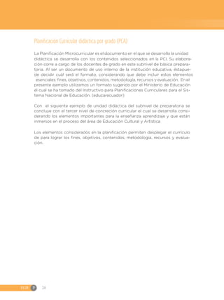 EGB	P 28
Planificación Curricular didáctica por grado (PCA)
Con el siguiente ejemplo de unidad didáctica del subnivel de preparatoria se
concluye con el tercer nivel de concreción curricular el cual se desarrolla consi-
derando los elementos importantes para la enseñanza aprendizaje y que están
inmersos en el proceso del área de Educación Cultural y Artística
Los elementos considerados en la planificación permiten desplegar el currículo
de para lograr los fines, objetivos, contenidos, metodología, recursos y evalua-
ción.
La Planificación Microcurricular es el documento en el que se desarrolla la unidad
didáctica se desarrolla con los contenidos seleccionados en la PCI. Su elabora-
ción corre a cargo de los docentes de grado en este subnivel de básica prepara-
toria. Al ser un documento de uso interno de la institución educativa, éstapue-
de decidir cuál será el formato, considerando que debe incluir estos elementos
esenciales: fines, objetivos, contenidos, metodología, recursos y evaluación. En el
presente ejemplo utilizamos un formato sugerido por el Ministerio de Educación
el cual se ha tomado del Instructivo para Planificaciones Curriculares para el Sis-
tema Nacional de Educación. (educarecuador)
 