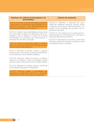 EGB	P 30
Destrezas con criterios de desempeño a ser
desarrolladas:
Criterios de evaluación
ECA.1.1.2. Expresar la propia identidad, emociones
y sentimientos a través del juego simbólico en su
dimensión personal y libre, identificándose con
personajes fantásticos o cotidianos.
ECA.1.1.3. Explorar las posibilidades sonoras de la
voz, del propio cuerpo, de elementos de la na-
turaleza y de los objetos, y utilizar los sonidos
encontrados en procesos de improvisación y
creación musical libre y dirigida.
ECA.1.1.4. Utilizar la expresión gráfica o plástica
como recurso para la expresión libre del yo, de la
historia personal de cada uno.
ECA.1.1.7. Describir el propio cuerpo y explicar
sensaciones y emociones a través de representa-
ciones gráficas y de la palabra hablada.
ECA.1.1.8. Practicar juegos de luces y sombras,
juegos en el espejo y otras actividades lúdicas
que den lugar al encuentro con la imagen propia.
ECA.1.1.9. Registrar la imagen propia a través de
autorretratos dibujados o fotografías.
ECA.1.2.7. Practicar juegos y actividades que
posibiliten la observación del otro y del grupo,
generando la noción de imagen compartida.
CE.ECA.1.1. Identifica y describe las cuali-
dades de imágenes, texturas, sonidos, olores
y sabores del entorno próximonatural y ar-
tificial, como resultado de procesos de ex-
ploración sensorial.
CE.ECA.1.2. Se interesa por la observación y
participación en manifestaciones culturales y
artísticas del entorno próximo.
CE.ECA.1.4. Participa en acciones y creaciones
artísticas colectivas a través de juegos y otras
actividades libres o dirigidas.
 