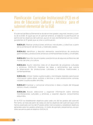 EGB	E 36
Planificación Curricular Institucional (PCI) en el
área de Educación Cultural y Artística para el
subnivel elemental de la EGB
El subnivel de Básica Elemental se divide en tres grados: segundo, tercero y cuar-
to de la EGB. Al igual que en el subnivel anterior, al elaborar la planificación se
partirá de los objetivos del subnivel, que en el caso de Elemental son los corres-
pondientes al 4º grado que se citan a continuación.
O.ECA.2.1. Realizar producciones artísticas individuales y colectivas a partir
de la combinación de técnicas y materiales dados.
O.ECA.2.2. Identificar y describir elementos característicos de productos
patrimoniales y producciones artísticas contemporáneas locales y universales.
O.ECA.2.3. Describir las principales características de algunas profesiones del
mundo del arte y la cultura.
O.ECA.2.4. Asumir distintos roles en el desarrollo de proyectos culturales
y artísticos. O.ECA.2.5. Expresar las ideas y sentimientos que suscita
la observación de producciones culturales y artísticas tradicionales y
contemporáneas.
O.ECA.2.6. Utilizar medios audiovisuales y tecnologías digitales para buscar
información sobre obras, autores o técnicas y crear producciones sonoras,
visuales o audiovisuales sencillas.
O.ECA.2.7. Expresar y comunicar emociones e ideas a través del lenguaje
sonoro, visual y corporal.
O.ECA.2.8. Buscar, seleccionar y organizar información sobre distintas
manifestaciones culturales y artísticas, y exponer algunos conocimientos
adquiridos.
En la PCA se establecerán objetivos para cada uno de los grados del subnivel.
Por tanto, se trata de partir de cada uno de los objetivos del subnivel (que como
hemos explicado son los del 4º grado antes mencionados) y establecer objetivos
generales para los grados anteriores. A modo de ejemplo, presentamos una po-
sible secuencia para el objetivo O.ECA.2.3.
 