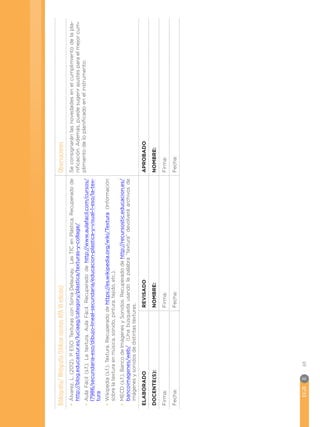 EGB	E
48
Bibliografía/
Webgrafía
(Utilizar
normas
APA
VI
edición)
Observaciones
•
•
Álvarez,
L.
(2012).
1º
ESO:
Texturas
con
Sonia
Delaunay.
Las
TIC
en
Plástica.
Recuperado
de
http://blog.educastur.es/luciaag/category/plastica/texturas-y-collage/
•
•
Aula
Fácil
(s.f.).
La
textura.
Aula
Fácil.
Recuperado
de
http://www.aulafacil.com/cursos/
l7986/secundaria-eso/dibujo-lineal-secundaria/educacion-plastica-y-visual-1-eso/la-tex-
tura
•
•
Wikipedia
(s.f.).
Textura.
Recuperado
de
https://es.wikipedia.org/wiki/Textura
(Información
sobre
la
textura
en
música,
sonido,
pintura,
tejido,
etc.).
•
•
MECD
(s.f.).
Banco
de
Imágenes
y
Sonidos.
Recuperado
de
http://recursostic.educacion.es/
bancoimagenes/web/
(Una
búsqueda
usando
la
palabra
“textura”
devolverá
archivos
de
imágenes
y
sonidos
de
distintas
texturas.
Se
consignarán
las
novedades
en
el
cumplimiento
de
la
pla-
nificación.
Además,
puede
sugerir
ajustes
para
el
mejor
cum-
plimiento
de
lo
planificado
en
el
instrumento.
ELABORADO
REVISADO
APROBADO
DOCENTE(S):
NOMBRE:
NOMBRE:
Firma:
Firma:
Firma:
Fecha:
Fecha:
Fecha:
 