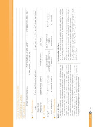 EGB	M
60
Ejemplo
de
Planificación
Curricular
Anual
(PCA)
Educación
Cultural
y
Artística
7mo.
Grado
EGB
Media
LOGO
INSTITUCIONAL
NOMBRE
DE
LA
INSTITUCIÓN
AÑO
LECTIVO:
2016
-2017
PLAN
CURRICULAR
ANUAL
1.
Datos
Informativos
Área:
Educación
Cultural
y
Artística
Asignatura:
Educación
Cultural
y
Artística
Docente(s):
 
Grado/curso:
Séptimo
grado
de
EGB
Nivel
Educativo: 
EBG
MEDIA
2.
Tiempo
Carga
horaria
semanal:
No.
Semanas
de
trabajo
Evaluación
del
aprendizaje
e
imprevistos
Total
de
semanas
clases
Total
de
periodos
2
horas
a
la
semana
36
semanas
en
total
4
semanas
40
semanas
80
Periodos
3.
Objetivos
Generales:
Objetivos
del
Área:
•
•
OG.ECA.1.
Valorar
las
posibilidades
y
limitaciones
de
materiales,
he-
rramientas
y
técnicas
de
diferentes
lenguajes
artísticos
en
procesos
de
interpretación
y/o
creación
de
producciones
propias.
•
•
OG.ECA.2.
Respetar
y
valorar
el
patrimonio
cultural
tangible
e
intan-
gible,
propio
y
de
otros
pueblos,
como
resultado
de
la
participación
en
procesos
de
investigación,
observación
y
análisis
de
sus
caracte-
rísticas,
y
así
contribuir
a
su
conservación
y
renovación.
•
•
OG.ECA.3.
Considerar
el
papel
que
desempeñan
los
conocimientos
y
habilidades
artísticos
en
la
vida
personal
y
laboral,
y
explicar
sus
funciones
en
el
desempeño
de
distintas
profesiones.
Objetivos
del
grado/curso
•
•
O.ECA.3.1.
Observar
el
uso
de
algunos
materiales
y
técnicas
en
obras
artísticas
de
distintas
características,
y
aplicarlos
en
creaciones
pro-
pias.
•
•
O.ECA.3.3.
Realizar
tareas
propias
de
algunas
profesiones
del
mundo
del
arte
y
la
cultura,
a
través
de
la
participación
en
pequeños
proyec-
tos
colaborativos
realizados
en
la
escuela
o
la
comunidad.
•
•
O.ECA.3.7.
Participar
en
procesos
de
interpretación
y
creación
visual,
corporal
y/o
sonora,
individual
y
colectiva,
y
valorar
las
aportaciones
propias
y
ajenas.
 