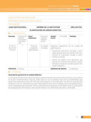 65
EDUCACIÓN CULTURAL Y ARTÍSTICA
Educación General Básica Media
Ejemplo de Planificación Microcurricular
Unidad Didáctica de Educación Cultural y Artística
7mo. Grado EGB
LOGO INSTITUCIONAL NOMBRE DE LA INSTITUCIÓN AÑO LECTIVO
PLANIFICACIÓN DE UNIDAD DIDÁCTICA
1. Datos informativos:
Docente: Nombre del
docente
que ingresa
la informa-
ción
Área/
asignatura:
Educación
Cultural y
Artística
(ECA)
Grado/
Curso:
7mo EGB Paralelo:
N.º de uni-
dad de pla-
nificación:
1 Título de
unidad de
planificación:
Un objeto,
mil ideas
Objetivos específicos de la unidad de
planificación:
•
• Transformar elementos naturales y artifi-
ciales ideando opciones que permitan con-
vertirlos en creaciones visuales o instru-
mentos musicales.
•
• Utilizar los objetos como elementos que
dan pie a la creación de historias y repre-
sentarlas a través de la improvisación indi-
vidual o colectiva.
PERIODOS: 8 horas SEMANA DE INICIO: 4 semanas
2. Planificación
Descripción general de la unidad didáctica
La utilización de elementos de la naturaleza y objetos de distintas características ha sido una constante
en el arte contemporáneo. Algunas veces este uso se ha realizado solo por las posibilidades que
ofrecen los elementos; otras con fines de concienciación o reivindicación, como en el caso del Arte
Póvera, el Junk Art o el arte de reciclaje. Este proyecto toma como modelo y punto de partida estas y
otras modalidades de expresión artística para proponer experiencias de observación y apreciación,
de búsqueda de información y de creación artística con elementos naturales y artificiales.
 