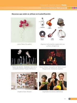 69
EDUCACIÓN CULTURAL Y ARTÍSTICA
Educación General Básica Media
Recursos que están se utilizan en la planificación:
Javier Pérez (Ecuador) Algunos instrumentos usados por Les
Luthiers (Argentina)
Teatro de objetos. Skabelse, obra de la
compañía danesa Theater Refleksion.
Xavier Bobes. Compañía de Teatro Visual
Playgrounds. (Canarias, España)
Angélica Dass (Brasil) Vegetable Orchestra (Alemania)
 