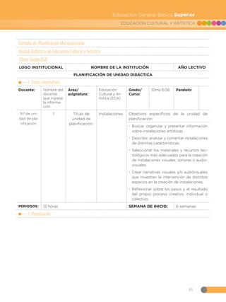85
EDUCACIÓN CULTURAL Y ARTÍSTICA
Educación General Básica Superior
Ejemplo de Planificación Microcurricular
Unidad Didáctica de Educación Cultural y Artística
10mo. Grado EGB
LOGO INSTITUCIONAL NOMBRE DE LA INSTITUCIÓN AÑO LECTIVO
PLANIFICACIÓN DE UNIDAD DIDÁCTICA
1. Datos informativos:
Docente: Nombre del
docente
que ingresa
la informa-
ción
Área/
asignatura:
Educación
Cultural y Ar-
tística (ECA)
Grado/
Curso:
10mo EGB Paralelo:
N.º de uni-
dad de pla-
nificación:
1 Título de
unidad de
planificación:
Instalaciones Objetivos específicos de la unidad de
planificación:
•
• Buscar, organizar y presentar información
sobre instalaciones artísticas.
•
• Describir, analizar y comentar instalaciones
de distintas características.
•
• Seleccionar los materiales y recursos tec-
nológicos más adecuados para la creación
de instalaciones visuales, sonoras o audio-
visuales.
•
• Crear narrativas visuales y/o audiovisuales
que muestren la intervención de distintos
espacios en la creación de instalaciones.
•
• Reflexionar sobre los pasos y el resultado
del propio proceso creativo, individual o
colectivo.
PERIODOS: 12 horas SEMANA DE INICIO: 6 semanas
2. Planificación
 