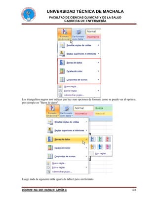 UNIVERSIDAD TÉCNICA DE MACHALA
FACULTAD DE CIENCIAS QUÍMICAS Y DE LA SALUD
CARRERA DE ENFERMERÍA
DOCENTE: ING. SIST. KARINA E. GARCÍA G. 102
Los triangulitos negros nos indican que hay mas opciones de formato como se puede ver al oprimir,
por ejemplo en "Barra de datos"
Luego dada la siguiente tabla igual a la tabla1 pero sin formato
 