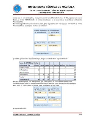 UNIVERSIDAD TÉCNICA DE MACHALA
FACULTAD DE CIENCIAS QUÍMICAS Y DE LA SALUD
CARRERA DE ENFERMERÍA
DOCENTE: ING. SIST. KARINA E. GARCÍA G. 108
se ve que en los rectángulos, mas precisamente en el llamado Rótulo de fila, aparece un nuevo
botón, el botón VENDEDOR en forma simultánea a la la selección de la casilla de verificación
VENDEDOR.
La tabla responde a lo que queremos saber, pero le podemos dar otro aspecto arrastrando el botón
VENDEDOR al rectángulo "Rótulo de columna"
y la tabla queda como la que esta abajo , luego de haberle dado algo de formato
En esta tabla se puede ver, por ejemplo, que Peña vendió 16 fertilizadoras y un tractor.
Sería interesante saber el número de maquinarias exportadas a que país y por cual vendedor.
Para hacer lo , verificamos la casilla "País" y filtramos MAQUINA
y se genera la tabla
 