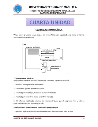 UNIVERSIDAD TÉCNICA DE MACHALA
FACULTAD DE CIENCIAS QUÍMICAS Y DE LA SALUD
CARRERA DE ENFERMERÍA
DOCENTE: ING. SIST. KARINA E. GARCÍA G. 116
SOFTWARE DE SALUD EPIINFO V3.5
SEGURIDAD INFORMÁTICA
Virus.- es un programa (virus) alojado en otro anfitrión con capacidad para alterar el normal
funcionamiento del anfitrión.
Propiedades de los virus
Un programa puede catalogarse como virus si cumple los siguientes atributos:
1.- Modifica el código fuente del software.
2.- Facultad de ejecutar dicha modificación.
3.- Facultad para reconocer, marcando el archivo infectado.
4.- Facultad para impedir el alterar un archivo marcado
5.- El software modificado adquiere los mismos atributos que el programa virus y está en
capacidad de infectar o dañar a otros más.
Para combatir a los virus existen los antivirus y hay dos tipos.
1.- Antivirus específico.- creado exclusivamente para combatir ciertos tipos de virus.
CUARTA UNIDAD
SO
Programa (anfitrión)
Inserta líneas de código
Ejecuta
Marca*
Virus
Copia toda su estructura
Puede infectar a
otros archivos
 