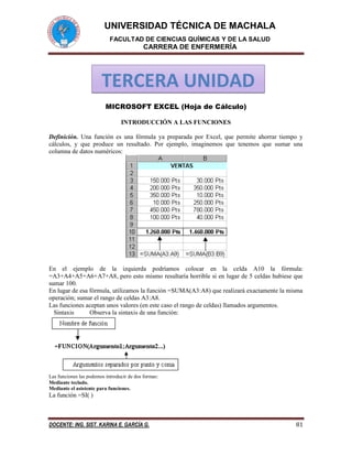 UNIVERSIDAD TÉCNICA DE MACHALA
FACULTAD DE CIENCIAS QUÍMICAS Y DE LA SALUD
CARRERA DE ENFERMERÍA
DOCENTE: ING. SIST. KARINA E. GARCÍA G. 81
MICROSOFT EXCEL (Hoja de Cálculo)
INTRODUCCIÓN A LAS FUNCIONES
Definición. Una función es una fórmula ya preparada por Excel, que permite ahorrar tiempo y
cálculos, y que produce un resultado. Por ejemplo, imaginemos que tenemos que sumar una
columna de datos numéricos:
En el ejemplo de la izquierda podríamos colocar en la celda A10 la fórmula:
=A3+A4+A5+A6+A7+A8, pero esto mismo resultaría horrible si en lugar de 5 celdas hubiese que
sumar 100.
En lugar de esa fórmula, utilizamos la función =SUMA(A3:A8) que realizará exactamente la misma
operación; sumar el rango de celdas A3:A8.
Las funciones aceptan unos valores (en este caso el rango de celdas) llamados argumentos.
Sintaxis Observa la sintaxis de una función:
Las funciones las podemos introducir de dos formas:
Mediante teclado.
Mediante el asistente para funciones.
La función =SI( )
TERCERA UNIDAD
 