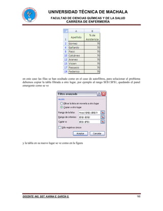 UNIVERSIDAD TÉCNICA DE MACHALA
FACULTAD DE CIENCIAS QUÍMICAS Y DE LA SALUD
CARRERA DE ENFERMERÍA
DOCENTE: ING. SIST. KARINA E. GARCÍA G. 98
en este caso las filas se han ocultado como en el caso de autofiltros, para solucionar el problema
debemos copiar la tabla filtrada a otro lugar, por ejemplo al rango $E$1:$F$1, quedando el panel
emergente como se ve
y la tabla en su nuevo lugar se ve como en la figura
 