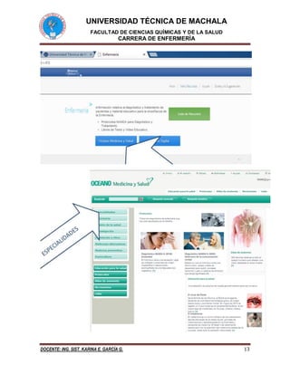 UNIVERSIDAD TÉCNICA DE MACHALA
FACULTAD DE CIENCIAS QUÍMICAS Y DE LA SALUD
CARRERA DE ENFERMERÍA
DOCENTE: ING. SIST. KARINA E. GARCÍA G. 13
 