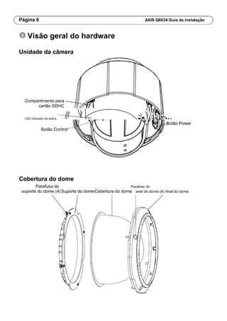 Página 6 AXIS Q6034 Guia de instalação
Visão geral do hardware
Unidade da câmera
Compartimento para
cartão SDHC
LED indicador de status
Botão Power
Botão Control
Cobertura do dome
Parafuso do Parafuso do
suporte do dome (4)Suporte do domeCobertura do dome anel do dome (4) Anel do dome
 