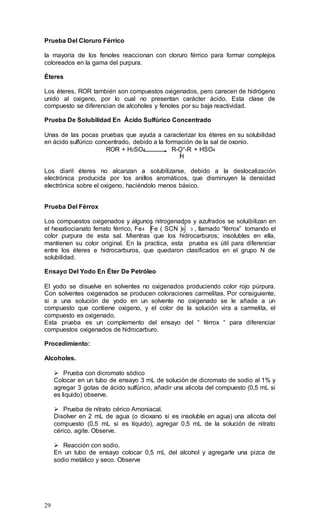 29
Prueba Del Cloruro Férrico
la mayoría de los fenoles reaccionan con cloruro férrico para formar complejos
coloreados en la gama del purpura.
Éteres
Los éteres, ROR también son compuestos oxigenados, pero carecen de hidrógeno
unido al oxigeno, por lo cual no presentan carácter ácido. Esta clase de
compuesto se diferencian de alcoholes y fenoles por su baja reactividad.
Prueba De Solubilidad En Ácido Sulfúrico Concentrado
Unas de las pocas pruebas que ayuda a caracterizar los éteres en su solubilidad
en ácido sulfúrico concentrado, debido a la formación de la sal de oxonio.
ROR + H2SO4 R-O+-R + HSO4
H
Los diaril éteres no alcanzan a solubilizarse, debido a la deslocalización
electrónica producida por los anillos aromáticos, que disminuyen la densidad
electrónica sobre el oxigeno, haciéndolo menos básico.
Prueba Del Férrox
Los compuestos oxigenados y algunos nitrogenados y azufrados se soluibilizan en
el hexatiocianato ferrato férrico, Fe4 Fe ( SCN )6 3 , llamado “férrox” tomando el
color purpura de esta sal. Mientras que los hidrocarburos; insolubles en ella,
mantienen su color original. En la practica, esta prueba es útil para diferenciar
entre los éteres e hidrocarburos, que quedaron clasificados en el grupo N de
solubilidad.
Ensayo Del Yodo En Éter De Petróleo
El yodo se disuelve en solventes no oxigenados produciendo color rojo púrpura.
Con solventes oxigenados se producen coloraciones carmelitas. Por consiguiente,
si a una solución de yodo en un solvente no oxigenado se le añade a un
compuesto que contiene oxigeno, y el color de la solución vira a carmelita, el
compuesto es oxigenado.
Esta prueba es un complemento del ensayo del “ férrox “ para diferenciar
compuestos oxigenados de hidrocarburo.
Procedimiento:
Alcoholes.
 Prueba con dicromato sódico
Colocar en un tubo de ensayo 3 mL de solución de dicromato de sodio al 1% y
agregar 3 gotas de ácido sulfúrico, añadir una alicota del compuesto (0,5 mL si
es liquido) observe.
 Prueba de nitrato cérico Amoniacal.
Disolver en 2 mL de agua (o dioxano si es insoluble en agua) una alicota del
compuesto (0,5 mL si es líquido), agregar 0,5 mL de la solución de nitrato
cérico, agite. Observe.
 Reacción con sodio.
En un tubo de ensayo colocar 0,5 mL del alcohol y agregarle una pizca de
sodio metálico y seco. Observe
 