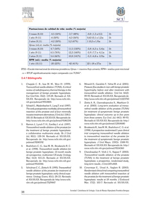38
Sociedad Colombiana de Urologia / Guía de Manejo Hiperplasia Prostática Benigna
Puntuaciones de calidad de vida: media (% mejoría)
3 meses (8,10) -4.5 (54%) -3,7 (48%) -0,8 (-1,3 a 0,5) 1b
1 año (9-11) -4 (50%) -4,3 (56%) 0,63 (0,1 a 1,2)a 1b
3 años (9,11) -4.2 (50%) 5,2 (67%) 1 (0,2 a 1,9)a 1b
Qmax (mL/s): media (% mejoría)
3 meses (8,10) 4.7 (54%) 11,5 (150%) -5,8 (-6,3 a -5,4)a 1b
1 año (9-11) 6.5 (76%) 12,2 (160%) -5,9 (-7,7 a -4,1)a 1b
3 años (9,11) 5.6 (66%) 10,8 (141%) -5,3 (-6,8 a -3,9)a 1b
RPM (mL): media (% mejoría)
1 año (10,11) -20 (22%) -42 (41%) 22 (-18 a 27)a 1b
IPSS =Escala internacional de síntomas prostáticos; Qmax = maximo flujo urinario; RPM= residuo post-miccional
. a = RTUP significativamente mejor comparado con TUNA™.
5.4.7 Bibliografía
1. 	 Chapple C. R., Issa M. M., Woo H. (1999).
Transurethral needle ablation (TUNA). A critical
review of radiofrequency thermal therapy in the
management of benign prostatic hyperplasia.
Eur Urol Feb; 35(2): 119-28. Revisado el: XX-
XX-XX. Recuperado de: http://www.ncbi.nlm.
nih.gov/pubmed/9933805
2. 	 Schatzl G., Madersbacher S., Lang T. et al. (1997).
The early postoperative morbidity of transurethral
resection of the prostate and of four minimally
invasive treatment alternatives.J Urol Jul; 158(1):
105-10. Revisado el: XX-XX-XX. Recuperado de:
http://www.ncbi.nlm.nih.gov/pubmed/9186334
3. 	 Ramon J., Lynch T. H., Eardley I. et al. (1997).
Transurethral needle ablation of the prostate for
the treatment of benign prostatic hyperplasia:
a collaborative multicentre study. Br J Urol
Jul; 80(1): 128-34. Revisado el: XX-XX-XX.
Recuperado de: http://www.ncbi.nlm.nih.gov/
pubmed/9240192
4. 	 Roehrborn C. G., Issa M. M., Bruskewitz R. C.
et al. (1998). Transurethral needle ablation for
benign prostatic hyperplasia: 12-month results
of a prospective, multicenter US study. Urology
Mar; 51(3): 415-21. Revisado el: XX-XX-XX.
Recuperado de: http://www.ncbi.nlm.nih.gov/
pubmed/9510346
5. 	 SchulmanC.C.,ZlottaA.R.(1995).Transurethral
needle ablation of the prostate for treatment of
benign prostatic hyperplasia: early clinical expe-
rience. Urology Enero; 45(1): 28-33. Revisado
el: XX-XX-XX. Recuperado de: http://www.ncbi.
nlm.nih.gov/pubmed/7529447
6. 	 Minardi D., Garafolo F., Yehia M. et al. (2001).
Pressure-flowstudiesinmenwithbenignprostatic
hypertrophy before and after treatment with
transurethral needle ablation. Urol Int; 66(2):
89-93. Revisado el: XX-XX-XX. Recuperado de:
http://www.ncbi.nlm.nih.gov/pubmed/11223750
7.	 Zlotta A. R., Giannakopoulos X., Maehlum O.
et al. (2003). Long-term evaluation of transu-
rethral needle ablation of the prostate (TUNA)
for treatment of symptomatic benign prostatic
hyperplasia: clinical outcome up to five years
from three centers. Eur Urol. Jul; 44(1): 89-93.
Revisado el: XX-XX-XX. Recuperado de: http://
www.ncbi.nlm.nih.gov/pubmed/12814680
8. 	 Bruskewitz R., Issa M. M., Roehrborn C. G. et al.
(1998). A prospective randomised 1-year clinical
trial comparing transurethral needle ablation
to transurethral resection of the prostate for
the treatment of symptomatic benign prostatic
hyperplasia. J Urol Mayo; 159(5): 1588-93.
Revisado el: XX-XX-XX. Recuperado de. http://
www.ncbi.nlm.nih.gov/pubmed/9554360
9.	 Chandrasekar P., Virdi J. S., Kapasi F. (2003).
Transurethral needle ablation of the prostate
(TUNA) in the treatment of benign prostatic
hyperplasia; a prospective, randomised study,
long term results. J Urol;169:s468.
10. 	 Cimentepe E., Unsal A., Saglam R. (2003).
Randomised clinical trial comparing transurethral
needle ablation with transurethral resection of
the prostate for the treatment of benign prostatic
hyperplasia: results at 18 months. J Endourol
Mar; 17(2): 103-7. Revisado el: XX-XX-XX.
 