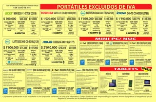 6 DE JULIO DE 2015
GUÍA INFORMATIVA DE PRODUCTOS VIGENTE PARA EL
La presente publicación no es una oferta ni una propuesta comercial, es una guía informativa. Compu Greiff no será responsable por aquellos errores tipográficos o fotográficos que se
llegasen a presentar en la presente publicación.
ZBOXMI520PLUS(11434)
PROCESADOR INTEL I3-4010U 1.7GHZ. GEN4. 2NÚCLEOS / 4 SUBPROCESOS
DISCO DURO 500GB. 5400RPM SATA3 2.5 (INSTALADO)
MEMORIA DDR3 4GB (INSTALADA). EXPANDIBLE A 16GB
LECTOR DE TARJETAS 6 IN 1
RED 10/100/1000, WIFI 802.11AC, BLUETOOTH 4.0.
PUERTOS 4 USB3.0, 2 USB2.0, 1 HDMI, 1 DVI-D, 1 RJ45
SISTEMA OPERATIVO SOPORTADO WINDOWS 7,8 A 32,64BITS (NO INSTALADO)
DIMENSIONES 188MM X 188MM X 44MM. PESO 625G
SKU: ZBOX-MI520-P-U
GARANTÍA 12 MESES POR DEFECTO DE FABRICA.
CONTADO $1'270.000ºº
ó12CHEQUESDE$132.000
IVA INCLUIDO
NUC BOXDN2820FYKH(10412)ZBOXCORP.B221(10640)
BRIXGB-BXI3H-4010(11650) BRIXPROJECTOR(11651)
3NSTARSTARTABTW001
PROCESADOR INTEL CELERON N2820 2.13GHZ. DUAL CORE. 1MB CACHE
SOPORTA DISCOS DUROS 2.5 Y SSD (NO INSTALADO)
SOPORTA MEMORIA DDR3 1.35V 1333/1600MHZ MAX 8GB (SODIMM) (NO INSTALADO)
GRÁFICOS INTEL HD 756MHZ (INTEGRADO)
RED 10/100/1000, INTEL WIRELESS N-7260BN, BLUETOOTH 4.0.
PUERTOS 1 USB3.0, 2 USB2.0, 1 HDMI, 1 RJ45
SISTEMA OPERATIVO SOPORTADO WINDOWS 7, 8, 8.1 Y LINUX
DIMENSIONES 116.6MM X 112MM X 51.5MM
N/P: BOXDN2820FYKH
GARANTÍA 12 MESES POR DEFECTO DE FABRICA.
PROCESADOR INTEL CELERON J1900 2GHZ. QUAD CORE. 2MB CACHE
SOPORTA DISCOS DUROS 2.5 SATA2 Y mSATA (NO INSTALADO)
SOPORTA MEMORIA DDR3 1066/1333MHZ MAX 8GB (SODIMM) (NO INSTALADO)
GRÁFICOS INTEL HD 688MHZ (INTEGRADO)
RED 10/100/1000, WIRALESS DUAL BAND 2.4 / 5GHZ Ac3160, BLUETOOTH 4.0
PUERTOS 1 USB3.0, 5 USB2.0, 1 HDMI, 1 VGA, 1 Rj45, 2 JACK DE AUDIÓFONO Y
MICRÓFONO, 1 PARALELO, 1 COM, 1 PS/2, 1 S/PDIF, LECTOR DE TARJETAS
RECEPTOR DE INFRARROJOS
SISTEMA OPERATIVO SOPORTADO WINDOWS 7, 8, 8.1 A 32/64BITS
GARANTÍA 12 MESES POR DEFECTO DE FABRICA.
PROCESADOR INTEL CORE I3-4010 1.7GHZ. CACHE 3MB
1 SLOT SSD mSATA
SOPORTA MEMORIA DDR3 1.35V 1333/1600MHZ MÁXIMO A 16GB
GRÁFICOS INTEL HD 4400 (INTEGRADO)
RED 10/100/1000, WI-FI 802.11b/g/n, BLUETOOTH 4.0
PUERTOS 4 USB3.0, 1 DISPLAYPORT, Rj45, JACK DE AUDÍFONO Y MICRÓFONO
4K RESOLUCIÓN 4096 X 2304 A TRAVÉS DE HDMI
SOPORTADOS SISTEMA OPERATIVO WINDOWS 7,8.1,8 32/ 64BITS.
DIMENSIONES 56.1MM X 107.6MM X 114.4MM
GARANTÍA 12 MESES POR DEFECTO DE FABRICA.
PROCESADOR INTEL CORE I3-4010 1.7GHZ. CACHE 3MB
1 SLOT SSD mSATA
SOPORTA MEMORIA DDR3 1.35V 1333/1600MHZ MÁXIMO A 16GB
GRÁFICOS INTEL HD 4400 (INTEGRADO)
RED 10/100/1000, WI-FI 802.11b/g/n, PARLANTES ESTERIO
PUERTOS 2 USB3.0, 1 MINI DISPLAYPORT, Rj45,
4K RESOLUCIÓN 4096 X 2160
SOPORTADOS SISTEMA OPERATIVO WINDOWS 7,8.1,8 32/ 64BITS.
PROYECTOR RESOLUCIÓN WVGA (864X480)
MODELO: GB-BXPI3-4010
GARANTÍA 12 MESES POR DEFECTO DE FABRICA.
PROCESADOR INTEL BAYTRIAL QUAD CORE 1.3GHZ
MEMORIA RAM 2GB
ALMACENAMIENTO NANO FLASH 32GB
PANTALLA 8.1 IPS 1280X800
CAMARA FRONTAL 2.0MP
CAMARA TRASERA 2.0MP
WINDOWS 8.1
OFFICE 365 POR 1 AÑO GRATIS
WIFI, BATERÍA DE 6000mAh
2 ALTAVOCES, PUERTO USB
MICRO HDMI
GARANTÍA 12 MESES POR DEFECTO DE FABRICA.
CONTADO $ 650.000ººCONTADO $ 600.000ºº
CONTADO $ 1'100.000ºº CONTADO $ 1'405.000ºº
$ 750.000
ó 12 CHEQUES DE $ 68.000ó 12 CHEQUES DE $ 62.000
ó12CHEQUESDE$114.000 ó12CHEQUESDE$146.000
IVA INCLUIDOIVA INCLUIDO
IVA INCLUIDO IVA INCLUIDO
COD 2414
EXCLUIDO DE IVA
CONCODENSA48CUOTAS$49.804
CON CODENSA 48 CUOTAS $ 28.859CON CODENSA 48 CUOTAS $ 27.170
CONCODENSA48CUOTAS$43.762 CONCODENSA48CUOTAS$53.983
$ 1'050.000
Intel4ªGen.Corei3-4005U1.7GHz
INSPIRON I3442-I341TBUS(2120)
Intel HD Graphics 4400
VIDEO
14 HD Led
Pantalla
4GB DDR3
Memoria RAM
1TB
4 Celdas
1.95 Kg
Disco Duro
Batería
Peso
Sistema Operativo
Linux Ubuntu 12.04
Negro
ColorProcesador
ó 12 Cheques de
$109.000
DVD/RW
Unidad Óptica
CONCODENSA48CUOTAS
$42.088
ZBOXCi320P-U-W2(10438)
BRIXGB-BXBT-1900FS(11633)
PROCESADOR INTEL CELERON N2930 1.83GHZ. QUAD CORE. 2MB CACHE
SSD 64GB SATA 2
MEMORIA DDR3 1066/1333MHZ DE 2GB
GRÁFICOS INTEL HD 688MHZ (INTEGRADO)
RED 10/100/1000, WI-FI 802.11b/g/n, Bluetooth 4.0
PUERTOS 4 USB3.0, 2 USB2.0, 1 HDMI, VGA, 1 Rj45, JACK DE AUDIÓFONO
SISTEMA OPERATIVO WINDOWS 8.1 WITH BING (INCLUIDO)
GARANTÍA 12 MESES POR DEFECTO DE FABRICA.
PROCESADORINTELCELERONJ19002GHZ.QUADCORE.2MBCACHE
DISCOSDUROS2.5SATA2DE500GB
MEMORIADDR31.35V1333/1600MHZDE4GB
GRÁFICOSINTELHD688MHZ(INTEGRADO)
RED10/100/1000,WI-FI802.11b/g/n
PUERTOS1USB3.0,2USB2.0,1HDMI,VGA,1Rj45,JACKDEAUDIÓFONO
SISTEMAOPERATIVOWINDOWS8.1WITHBING(INCLUIDO)
DIMENSIONES56.1MMX107.6MMX114.4MM
GARANTÍA12MESESPORDEFECTODEFABRICA.
CONTADO $ 915.000ºº
CONTADO $ 995.000ºº
ó 12 CHEQUES DE $ 95.000
ó12CHEQUESDE$103.000
IVA INCLUIDO
IVA INCLUIDO
CON CODENSA 48 CUOTAS $ 39.406
CONCODENSA48CUOTAS$40.244
MINIPC/NUC
TABLETS
MASTERA20 MASTERMTK8389
PROCESADOR DUAL CORE A20 1.0GHZ
MEMORIA RAM 1GB
MEMORIA DE ALMACENAMIENTO 8GB
PANTALLA 7
TECLADO EN PANTALLA
LECTOR DE MEMORIA T FLASH
CAMARA FRONTAL 0.3MP
CAMARA TRASERA 2 MP
CONECTOR MINI HDMI
CONECTOR USB 2.0
MODELO: C750K
COLORES
NEGRA CÓDIGO 2479
AZUL CÓDIGO 2578
BLANCA CÓDIGO 2480
GARANTÍA 12 MESES POR DEFECTO DE FABRICA.
PROCESADORMTK8389QUADCORE
MEMORIARAM1GB
MEMORIADEALMACENAMIENTO16GB
PANTALLA7
COMPATIBLECONDUNGLE3G,GPS
CAMARAFRONTAL0.3MP
CAMARATRASERA2MP
CONECTORMINIHDMI
CONECTORUSB2.0,WIFI
SISTEMAOPERATIVOANDROID
GARANTÍA12MESESPORDEFECTODEFABRICA.
$ 170.000 $ 270.000
EXCLUIDO DE IVA EXCLUIDO DE IVA
COD 2756
$ 700.000
IntelCeleronN28402.16GHz
MINI ES1-11-C7EM (2319)
Intel HD Graphics
VIDEO
11.6 CineCrystal Led
Pantalla
4GB DDR3
Memoria RAM
500 GB
3 Celdas
1.1 Kg
Disco Duro
Batería
Peso
Sistema Operativo
Linux
Negro
ColorProcesador
ó 12 Cheques de
$73.000
NO
Unidad Óptica
CONCODENSA48CUOTAS
$30.359 $ 1'020.000
Intel4ªGen.Corei3-4005U1.7GHz
SATELLITEC55-B5116KM(2267)
Intel HD Graphics 4400
VIDEO
15.6 HD Led
Pantalla
4GB DDR3
Memoria RAM
500 GB
4 Celdas
2.2 Kg
Disco Duro
Batería
Peso
Sistema Operativo
FreeDOS
Negro
ColorProcesador
ó 12 Cheques de
$106.000
DVD/RW
Unidad Óptica
CONCODENSA48CUOTAS
$41.081
G40-70 CI3-4005U (2789)
Intel HD Graphics 4400
VIDEO
Pantalla
6GB DDR3
Memoria RAM
1 TB
4 Celdas
2.1 Kg
Disco Duro
Batería
Peso
Sistema Operativo
Linux
Negro
ColorProcesador
ó 12 Cheques de
$123.000
DVD/RW
Unidad Óptica
CONCODENSA48CUOTAS
$46.779$ 1'190.000
Intel4ªGen.Corei3-4005U1.7GHz
14 HD Led
$ 1'900.000
Intel4ªGen.Corei5-4210U1.7GHz
LATITUDE3440CI5-4210U(2129)
Intel HD Graphics Integrado
VIDEO
14 HD Led
Pantalla
4GB DDR3
Memoria RAM
500 GB
4 Celdas
1.95 Kg
Disco Duro
Batería
Peso
Sistema Operativo
Win pro 7 upgrade Win pro 8
Negro
ColorProcesador
ó 12 Cheques de
$197.000
DVD/RW
UnidadÓptica
CONCODENSA48CUOTAS
$71.088
ACTUALIZACIÓN DISPONIBLE
A PARTIR DEL 29 DE JULIO
$ 2'040.000
Intel4ªCorei7-4510U2GHz
X555LN-XX019 (2177)
Geforce 820M 2GB
VIDEO
15.6 Led
Pantalla
8GB DDR3
Memoria RAM
1TB
4 Celdas
DVD/RW
2.1Kg
DiscoDuro
Batería
UnidadÓptica
Peso
Sistema Operativo
Linux Linpus Lite
Negro
ColorProcesador
ó 12 Cheques de
$211.000
CONCODENSA48CUOTAS
$75.816
OFERTA
 