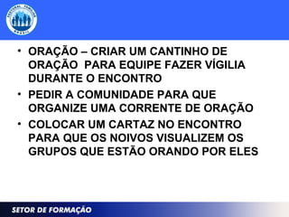 • ORAÇÃO – CRIAR UM CANTINHO DE
ORAÇÃO PARA EQUIPE FAZER VÍGILIA
DURANTE O ENCONTRO
• PEDIR A COMUNIDADE PARA QUE
ORGANIZE UMA CORRENTE DE ORAÇÃO
• COLOCAR UM CARTAZ NO ENCONTRO
PARA QUE OS NOIVOS VISUALIZEM OS
GRUPOS QUE ESTÃO ORANDO POR ELES
 
