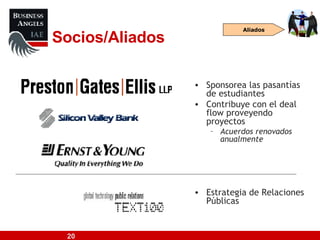 Socios/Aliados Sponsorea las pasantías de estudiantes Contribuye con el deal flow proveyendo proyectos Acuerdos renovados anualmente Estrategia de Relaciones Públicas Aliados 