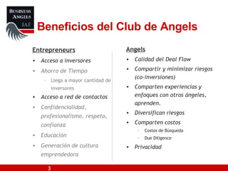 Beneficios del Club de Angels Entrepreneurs Acceso a inversores Ahorro de Tiempo Llega a mayor cantidad de inversores Acceso a red de contactos Confidencialidad, profesionalismo, respeto, confianza Educación Generación de cultura emprendedora Angels Calidad del Deal Flow Compartir y minimizar riesgos (co-inversiones) Comparten experiencias y enfoques con otros ángeles, aprenden. Diversifican riesgos Comparten costos Costos de Búsqueda Due Diligence Privacidad 