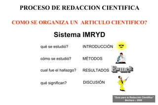 PROCESO DE REDACCION CIENTIFICA COMO SE ORGANIZA UN  ARTICULO CIENTIFICO?  Sistema IMRYD INTRODUCCIÓN MÉTODOS RESULTADOS D...