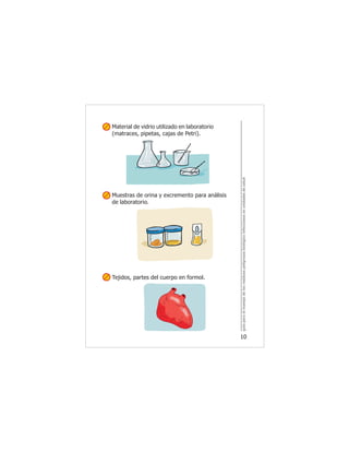 guíaparaelmanejodelosresiduospeligrososbiológicoinfecciososenunidadesdesalud
10
Material de vidrio utilizado en laboratorio
(matraces, pipetas, cajas de Petri).
Muestras de orina y excremento para análisis
de laboratorio.
Tejidos, partes del cuerpo en formol.
 