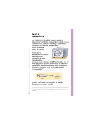 guíaparaelmanejodelosresiduospeligrososbiológicoinfecciososenunidadesdesalud
21
PASO 5
TRATAMIENTO
Las instituciones de salud, pueden realizar el
tratamiento final de los residuos dentro de la misma
unidad médica. La forma más limpia y barata es
utilizando un autoclave, excepto para
punzocortantes y
partes de cuerpo.
Para lograr la
desinfección se colocan
las bolsas rojas
resistentes al calor
húmedo y bien
cerradas, en el autoclave a 121° centígrados con 15
libras de presión durante 30 minutos, en este caso
las cajas de petri desechables y otros dispositivos
de plástico utilizados en el laboratorio quedan
“irreconocibles”2
.
Una vez estériles e irreconocibles se podrán
disponer como basura común.
2
Perdida de las características físicas y biológico-infecciosas del objeto para no ser
reutilizado.
DespuésAntes
 