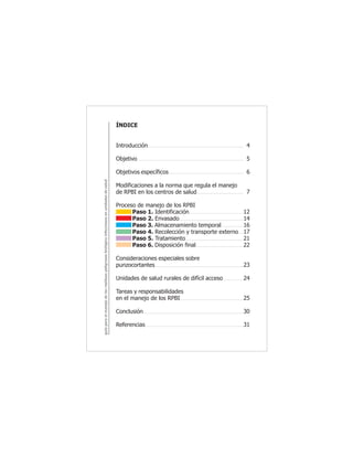 guíaparaelmanejodelosresiduospeligrososbiológicoinfecciososenunidadesdesalud
3
ÍNDICE
Introducción
Objetivo
Objetivos específicos
Modificaciones a la norma que regula el manejo
de RPBI en los centros de salud
Proceso de manejo de los RPBI
Paso 1. Identificación
Paso 2. Envasado
Paso 3. Almacenamiento temporal
Paso 4. Recolección y transporte externo
Paso 5. Tratamiento
Paso 6. Disposición final
Consideraciones especiales sobre
punzocortantes
Unidades de salud rurales de difícil acceso
Tareas y responsabilidades
en el manejo de los RPBI
Conclusión
Referencias
4
5
6
7
12
14
16
17
21
22
23
24
25
30
31
 