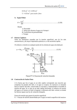 Mecánica de suelos II 2010
Ing. Enrique N. Martínez Quiroz Página 12
b. Según Peltier
𝐻 =
η. x2
2𝑘𝑡
… … … … … … … … … … … … … … … … … … … … … … … … (1.20)
Donde:
η: Porosidad
x: Altura que alcanza el agua en el tiempo t
K: Coeficiente de permeabilidad
t: Tiempo
1.7 Efectos Capilares
Entre los fenómenos causados por la tensión superficial, uno de los más
característicos y de mayor importancia práctica es, el de ascensión capilar.
El esfuerzo o tensión en cualquier punto de la columna de agua esta dada por:
μ = Hγω =
2Tscosα
Rγω
=
2Ts
R
… … … … … … … … … … … … … … … . . (1.21)
1.8 Contracción de Suelos Finos
A la fuerza que tira el agua en un tubo capilar corresponde una reacción que
comprime las paredes del tubo, si el agua se evapora, los meniscos se retraerán
hacia el interior del tubo, conservando su curvatura y manteniéndose invariable la
tensión del agua. Se ve que en un tubo capilar horizontal, el esfuerzo de tensión
del agua es el mismo en toda la longitud, a diferencia del tubo vertical, en donde
las fuerzas siguen una ley de variación triangular.
Fuerza de tensión que genera la tensión superficial
FT = Fuerzas de tensión desarrolladas por el agua en toda la superficie del menisco
finossuelosparacmC
cmCcm
2
22
25.0
50.010.0


 