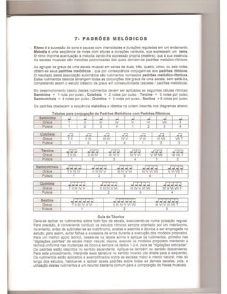 7· PADROES MELODICOS
Ritmo e a sucessao de sons e pausas com intensidades e durayoes reguladas em um andamento.
Melodia e uma seqOencia de notas com alturas e durayoes variaveis, que expressam um tema.
o ritmo imprime acentuayao amelodia dando-Ihe expressao propria (motivo), que e sua essencia.
As escalas musicais sao melodias padronizadas das quais derivam-se padroes melodico-ritmicos.
Ao agrupar os graus de uma escala musical em series de duas, tres, quatro, cinco, ou seis notas,
obtem-se seus padroes mel6dicos , que por conseqOencia conjugam-se aos padroes ritmicos.
o resultado desta associayao automatica sao rudimentos nomeados padroes meI6dico-ritmicos.
Estes rudimentos basicos abrangem todas as conjunyoes dos graus de uma escala, sem salta-los,
completando assim 0 estudo classico de graus em consecutividade (escalas I padroes melodicos).
No desenvolvimento basico destes rudimentos devem ser aplicadas as seguintes celulas ritmicas:
Seminima = 1 nota por pulso ; Colcheia = 2 notas por pulso ; Tercina = 3 notas por pulso;
Semicolcheia = 4 notas por pulso ; Quintina = 5 notas por pulso ; Sextina = 6 notas por pulso.
Os padroes obedecem a seqOencia mel6dica e ritmica na ordem descrita nos diagramas abaixo:
- d P d - M I"d"T b Ia e as para conJuga;ao e a roes eo ICOS com a roes Itmlcos
Seminima -I -I -l -l -l -l -l -l
Graus T II III IV V VI VII T
Pulsos 1 2 3 4 1 2 3 4
Colcheia J:I S] SJ J:I SJ J:I SJ
Graus Til 11111 IIIIV IVV VVI VI VII VIIT
Pulsos 1 2 3 4 1 2 3
Tercina J-=r=l J-=r=l J-=r=l s=r=J J-=r=l ST]
Graus T 11111 11111 IV IIIIVV IVVVI VVIVII VIVIIT
Pulsos 1 2 3 4 1 2
Semicolcheia -l-l-l.J J J J J J J J J J J J J J J J J
Graus TIIIIIIV IIIIIIVV IIIIVVVI IVVVIVIl VVIVIIT
Pulsos 1 2 3 4 1
Quintina JJJJJ J J J J J J J J J J J J J J J
Graus TIIIIIIVV IIIIIIVVVI IIIIVVVIVII IVVVI VIIT
Pulsos 1 2 3 4
Sextina J.JJ J JJ J.J,J JJ J JJJJJJ
Graus TIIIIIIVVVI II III IVVVIVIl III VIVVIVII T
Pulsos 1 2 3
Guia de Tecnica
Deve-se aplicar os rudimentos sobre todo tipo de escala, executando-os numa pulsayao regular.
Para precisao, e conveniente conduzir os estudos ritmicos sempre orientado por um metronomo,
no entanto, antes de submeter-se ao metronomo, analise e assimile a tecnica a ser empregada no
estudo, para assim, evitar falhas e excessos de erros durante a execu9ao dos modelos propostos.
Para um melhor apoio teorico, baseie-se na tabela acima e aplique os rudimentos, primeiro nas
"digita90es padroes" da escala maior natural, depois, execute os modelos propostos mantendo a
tecnica uniforme nas mudan9as de bloco,e sempre os dedos 1-2-4, para as "digita90es esticadas".
Os padroes estao descritos no sentido ascendente. Aplique-os tambem no sentido descendente.
Para este procedimento, interprete essa tablatura no sentido inverso (da direita para a esquerda).
Os rudimentos estao aplicados e exemplificados sobre as escalas maior e menor natural, mas ao
longo dos estudos, habitue-se a aplicar esses padroes sobre todas as demais escalas, pois, a
utiliza9ao destes rudimentos e um recurso bastante comum para a composic;:ao de frases musicais.
 