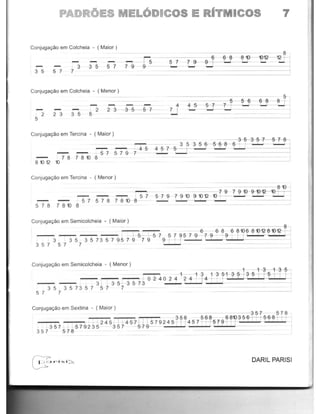 PADRGES MELODICOS E R(TMICOS 7
,....
3 5 5 7
t 3
7
Conjuga~o em Colcheia - (Menor)
5
2
-, ---, r- ~J4=~4~5~5~7~~7~5~5~5~c....J~6~~6;8;, ~8=~~5~t 2 2 3 -3~5-7 7 1 '-- '--, t
2 3 3 5 5 _-=-____~--'C--=--"--'==____..J~_
Conjugac;ao em Tercina - (Maior)
- -
----, 4 5
- - 57 579 7
ll7878ll8
Conjugac;ao em Tercina - (Menor)
57878ll
----, i 5 7
t 57578 78ll- 8- -
8
Conjugac~o em Semicolcheia - (Maior)
5- 7- 9- 7 9 II 9 II 12
=------a-ll--1
7- 9 7 9 1fl-1l-~~
II I
-- ---." , (:s---L57 57 95 7?7-1l~~-nI?-lIr1j'nm3
57
35
7
3573579579 79 ~ I I i i ' - , , '357
Conjugacao em Semicolcheia - ( Menor)
~~~~~~~1~=~~1~3~1~3~5~I
I , I ):{)- 2- 4 0 2 -4 1-2, -...4+1-...;1_3 4-++f1
~ r i~ 5 i i r-t-i t
, 3 ' 35~3573 1 _ ' _
3 5 357357 57 7
5 7 7
Conjugac;:ao em Sextina - (Maior)
:
~~~I-r~~~~~~~~~~~~~~~~3~5:7~~15j7~8~1+ +iii -----a~5 6 51Hl- 6 8ll~3-5? 1 15 6 8n-
1357 1 1 1 5792~5 2453s74-5-7 5_7_9_5_7924-5ii t45 ? I· i57-1lii i ' I
357 578 - -
8'PiSi:::::" DARIL PARISI
 