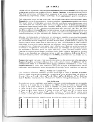 AFINA C Ao
Estudar com urn instrumento, adequadamente regulado e precisamente afinado, sao as requisitos
fundamentais para favorecer 0 desenvolvimento, tecnico e auditiv~, de sua sensibilidade musical.
Para atinar com precis30 um instrumento, enecessaria ler um ouvida musicalmente amadurecido;
recomenda-se, por prud~ncia, solicitar a confirmayao de um experiente para garantir esses 2 itens.
Toda nota musical passui um tom exalo, que ediscriminado pela sua freqO~ncia sonora em Hertz.
Diapasao e 0 padr30 de temperamento, 0 qual convenciona 0 tom absoluto de cada nota musical.
Afere-se um tom a urna nota, pelo numero de ciclos por segundo de suas andas scnoras, assim,
cada nota musical tern uma altura pr6pria e exclusiva, registrada dentro do ambito da escala geral.
Na extensAo da escala da guitarra, ficam confinados 49 tons distintos, organizados em 4 oitavas,
Inlclando no miztJo, E1 (82.4hz), escaJando cromaticamente ate 0 ultimo tom, E5{1 .3khz), 24° traste.
Dos 49 tons, sao identificadas 12 natas musicais originais, pais a ressanancia provoca 0 fenOmeno
de simpatla de harmOnicas, 0 Unissono, e que gera a cada dabramento de freqO~ncia de um tom,
harmOnlCOS similares, os quais resultam numa mesma nota, e consolidam 0 intervalo de oitava.
Afinac;:ao e 0 ate de ajustar um instrumenta em sinlonia com 0 padrAo convencionaJ do diapasao.
As cordas da guitarra possuem 0 comprimento igual, e diferem na espessura (grossa, media, final ,
que e a variavel que incide no equilibrio do timbre do instrumento. surtindo efeito na produyao dos
harmOnicos e na tens:'o para a afinaQao, tanto da corda solta, como na proporQao ideal submelida.
A densidade de uma corda, nua au revestida, e a calibragem aferida, resultam na sua sonoridade,
pois quanto maior a freqOencia, mais agudo 0 som, e tanto menor, tao grave sera 0 tom proferido.
o controle da afinaQAo se da peto ajuste de cada corda, por Intermedio das respectivas tarraxas,
que aumentam ou reduzem a tensAo nas cordas. Estlcando a corda, 0 tom sobe; sollando, abalxa.
Para que varios inslrumentos pO$sam tacar juntos, todos devem abedecer a afinaQAo de concerto.
Recorre-se aos diapasOes, que estabelecem a nola La (A3), que esta acima do C central (3), no SO
traste da 11 corda da guitarra, e tern a freqo~ncia de 440 Hz; as demais notas sao afinadas por ela.
Oiapasoes
Oiapasao de sopro: reproduz a nota respectiva de cada uma das seis cordas soltas da guitarra.
Oiapasao forquilha: quando percutido suas duas hastes, vibram emitindo 0 A (Ui 3) com 440 Hz,
correspondente anota do SOtraste da 11 corda umizinhoH(2 oitavas acima do La da SI corda solta)
Diapasao eletronico: Possui visor para leitura, por agulha au digital, e permite afinayao precisa,
mesmo para quem nao tem um auvido bern treinado, porem indica a nota, mas nao a tom; atem;tlo!
Afinac;:ao Padrao das Cordas Soltas
Essa convenc;:.ao eslabelece a diferenQa que deve existir entre as cordas, 0 intervalo de quartas
o padrAo para a afinaQao das cordas sollas e 0 seguinte: 6
1
corda, a mais grossa, e E (82,4hz), a
51 em A (110hz), a 4
1
em 0 (146hz), a 3
1
em G (195hz), a 21 em 8 (246hz) e a 11 em E (329hz)
Os 2 MI (E) sao a mesma nota, mas 0 Mi superior e 2 oitavas mais agudo (alto) que 0 Mi inferior
Guia de Tecnica
o metodo mais comum usado para afinar guitarra, consiste em gerar unissonos com 0 diapasao
1- Sintonize a S;l corda {Al com 0 diapasAo (A 440hz), afinando-a 2 oitavas abaixo (110hz)
2- Toque 0 no quinto traste da 5;1 corda e sinlonize a 4;1 corda salta (O) na mesma altura.
3- Toque um G no qUinto traste da 41
corda e sintonize a 3
1
corda solta (G) na mesma altura.
4- Toque urn 8 no quarto traste da 3
3
corda e sintonize a 21 corda salta (8 ) na mesma altura.
5- Toque um E no quinto traste da 21 corda e sintonize a 1
3
corda (E) na mesma altura
6- Toque a 11 corda (E) e produza a unissono com a 6
1
corda (E), que deve ficar 3 oitavas abaixo
~~s: perC~~frequ~~nc,as estab'lIzando"se~, a med~'daque OS§har~m6n'cos en~tra~mem S3,mpt
"B) - - (E)-- - - - - (BJ
j)1 _ --(B)-- (G)~= ~ = ~-==-=~All -- (0 ) - - - - - - - ~
E -- (A) - - - - - (E
 