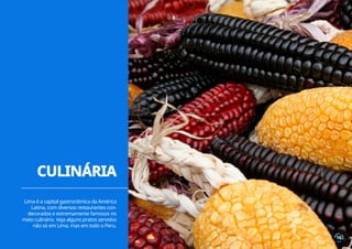 Lima é a capital gastronômica da América
Latina, com diversos restaurantes con-
decorados e extremamente famosos no
meio culinário. Veja alguns pratos servidos
não só em Lima, mas em todo o Peru.
CULINÁRIA
16
 